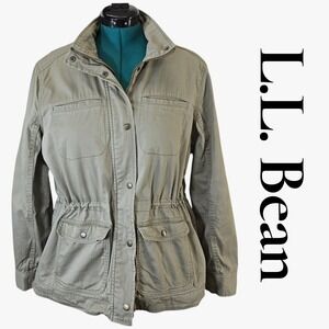 LL Bean Women Large Sherpa Lined Field Utility Jacket Olive Green 502780